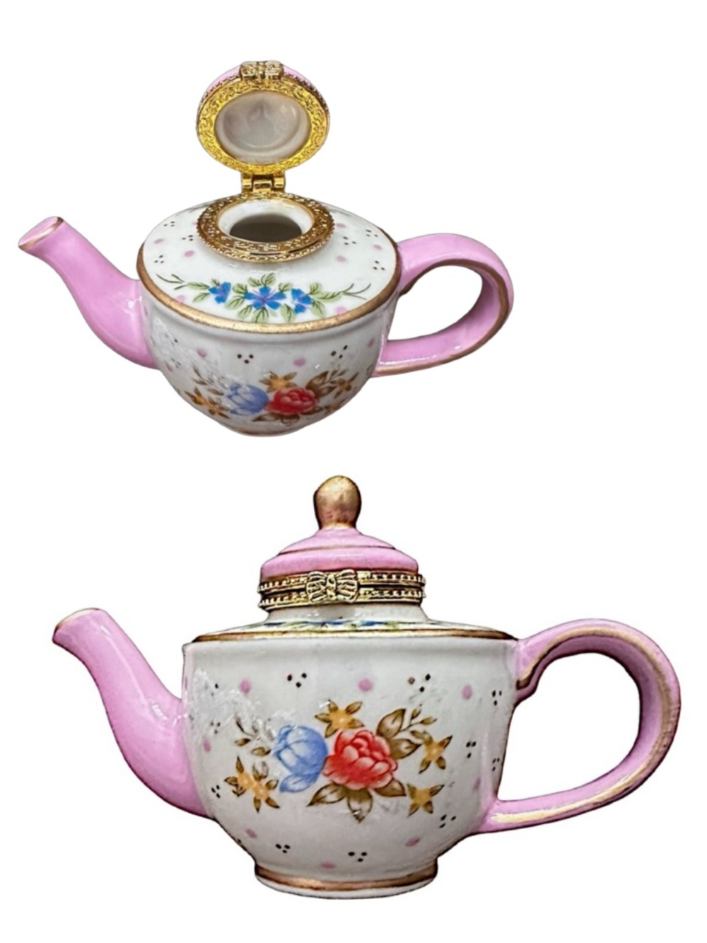 Vintage Pink Porcelain Teapot Trinket Box Hinged Floral Miniature Keepsake 4"